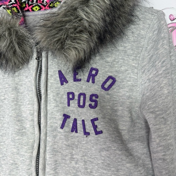 Aeropostale hoodie fur trim hood knit crochet neon inside hood zip up sweater - Picture 5 of 14
